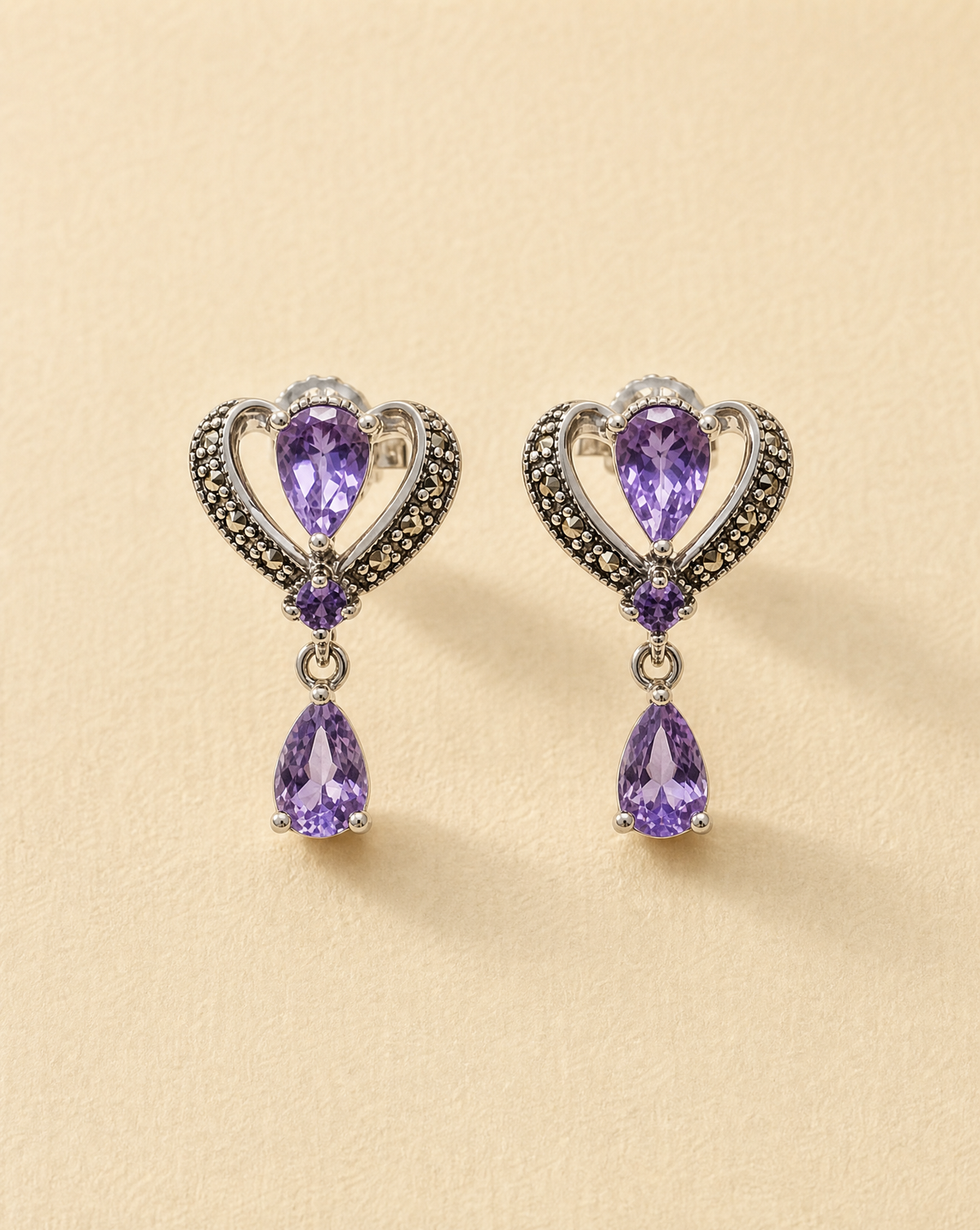 Belle Studs, pear-cut amethyst heart earrings in 925 sterling silver with marcasite, early Victorian-inspired earrings