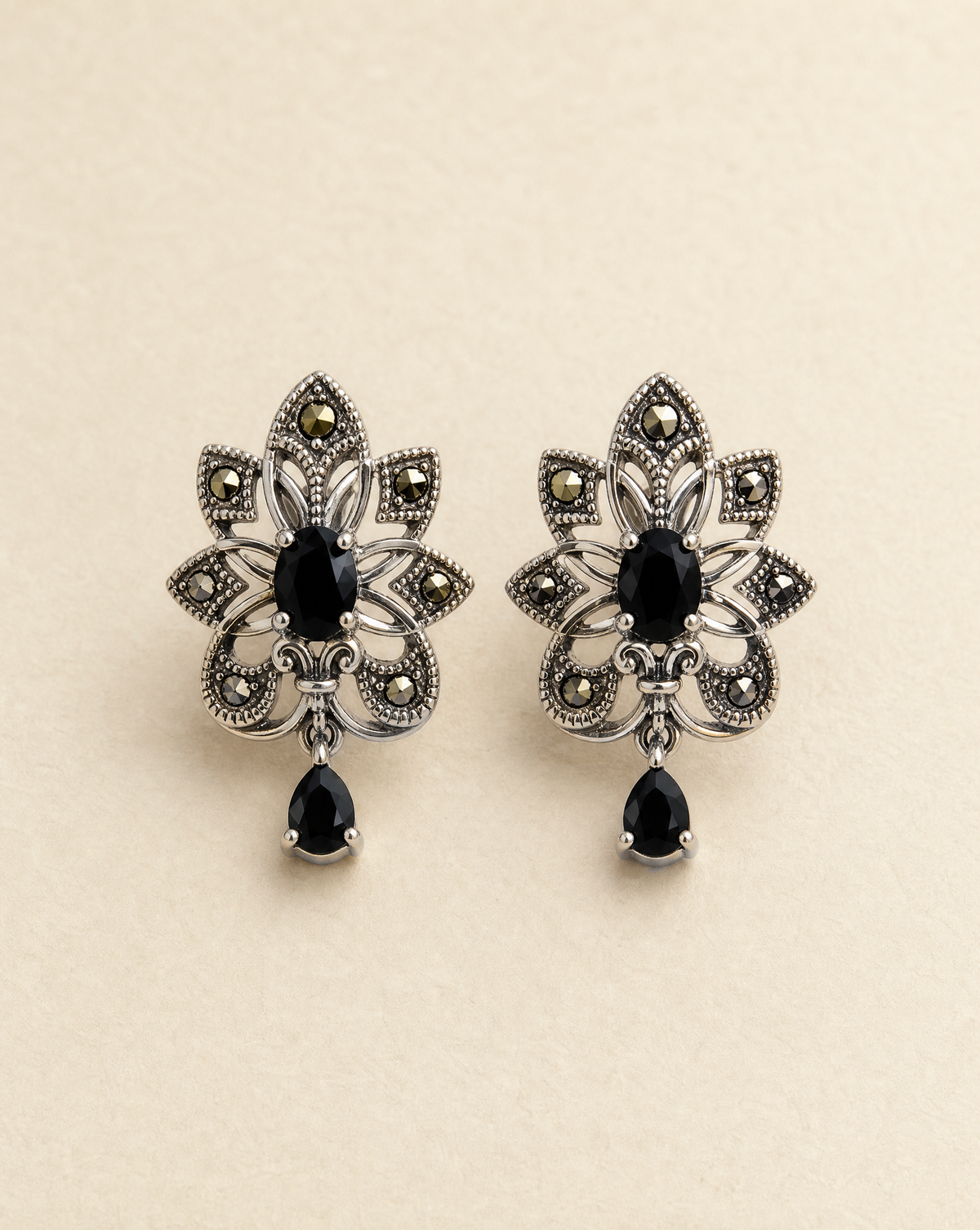 Black Dahlia earrings, black onyx and marcasite flower stud earrings in ornate 925 silver, gothic Victorian-inspired jewellery