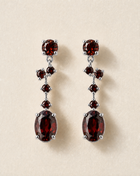 Garnets on the Vine earrings in 925 sterling silver, Victorian-inspired oval garnet cluster drop earrings