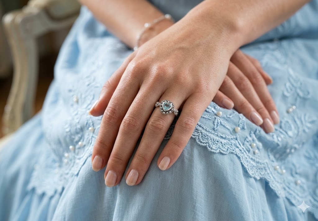 Woman wearing a vintage-inspired blue gemstone halo ring with a pale blue lace dress