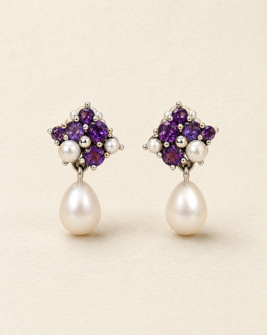 Beauty Spot earrings in 925 sterling silver, amethyst and pearl cluster with pearl drop, vintage-inspired drop earrings