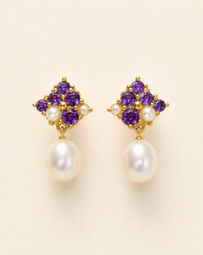 Beauty Spot earrings in gold plated 925 silver, amethyst and pearl cluster with pearl drop, vintage-inspired drop earrings