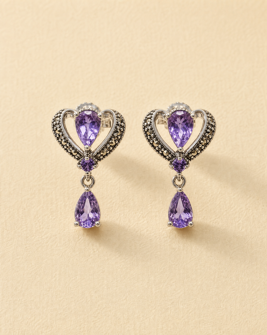 Belle Studs, pear-cut amethyst heart earrings in 925 sterling silver with marcasite, early Victorian-inspired earrings
