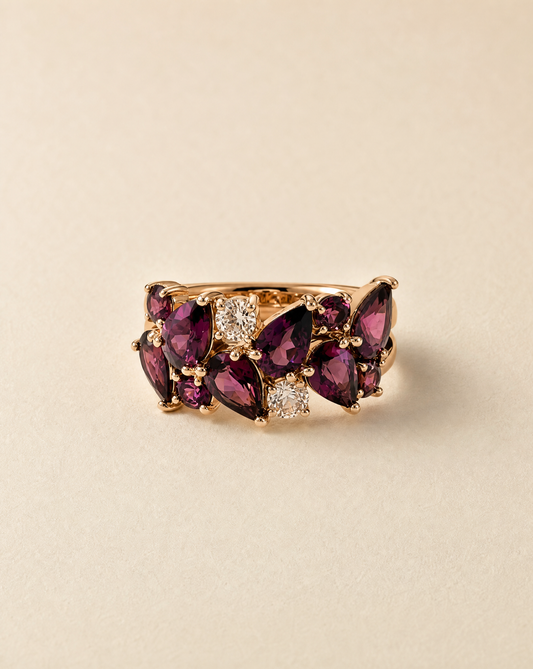 Berries in Gold ring, pear-cut purple rhodolite garnet ring in rose gold plated 925 silver, antique-inspired statement ring