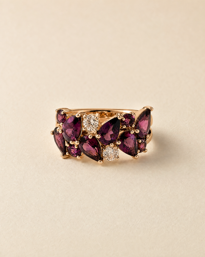 Berries in Gold ring, pear-cut purple rhodolite garnet ring in rose gold plated 925 silver, antique-inspired statement ring