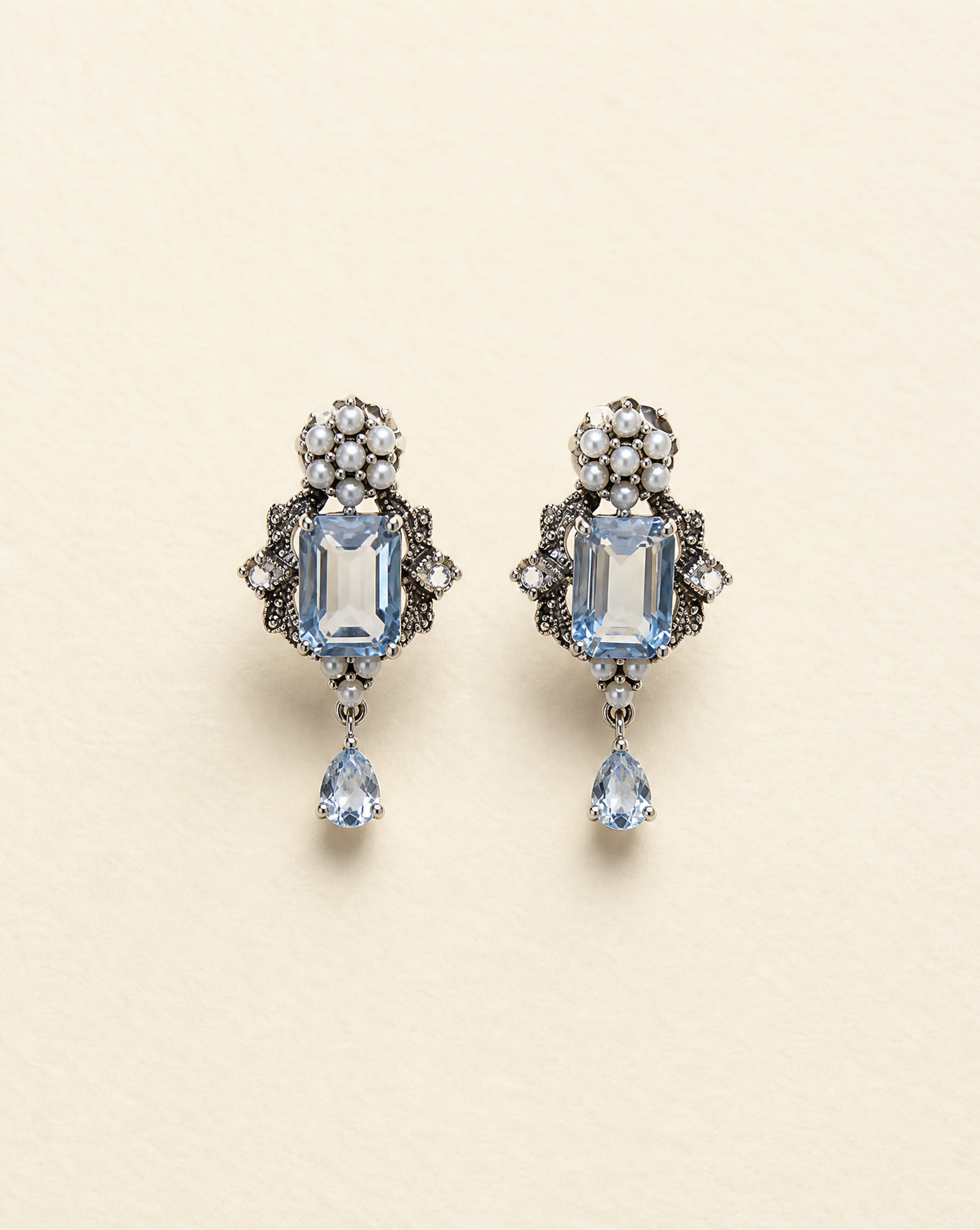 Blue Skies earrings, emerald-cut blue topaz and seed pearl dangle earrings in ornate 925 silver filigree, Regency-inspired