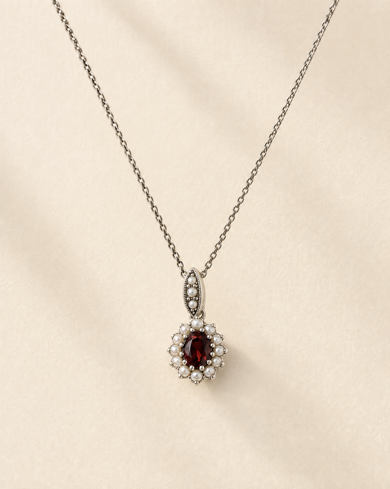 Cosmos pendant (Mars), oval red garnet pendant necklace in 925 sterling silver, Victorian-inspired celestial jewellery