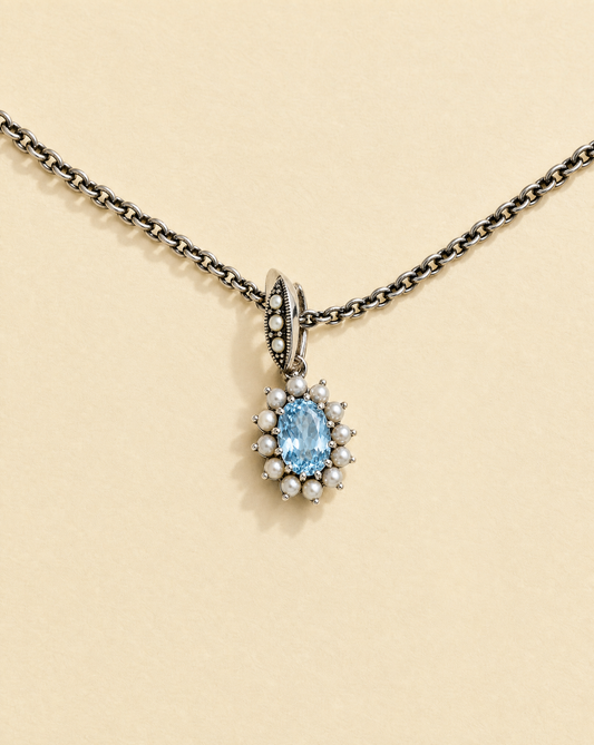 Cosmos pendant (Neptune), oval blue topaz and pearl pendant necklace in 925 sterling silver, Victorian-inspired jewellery