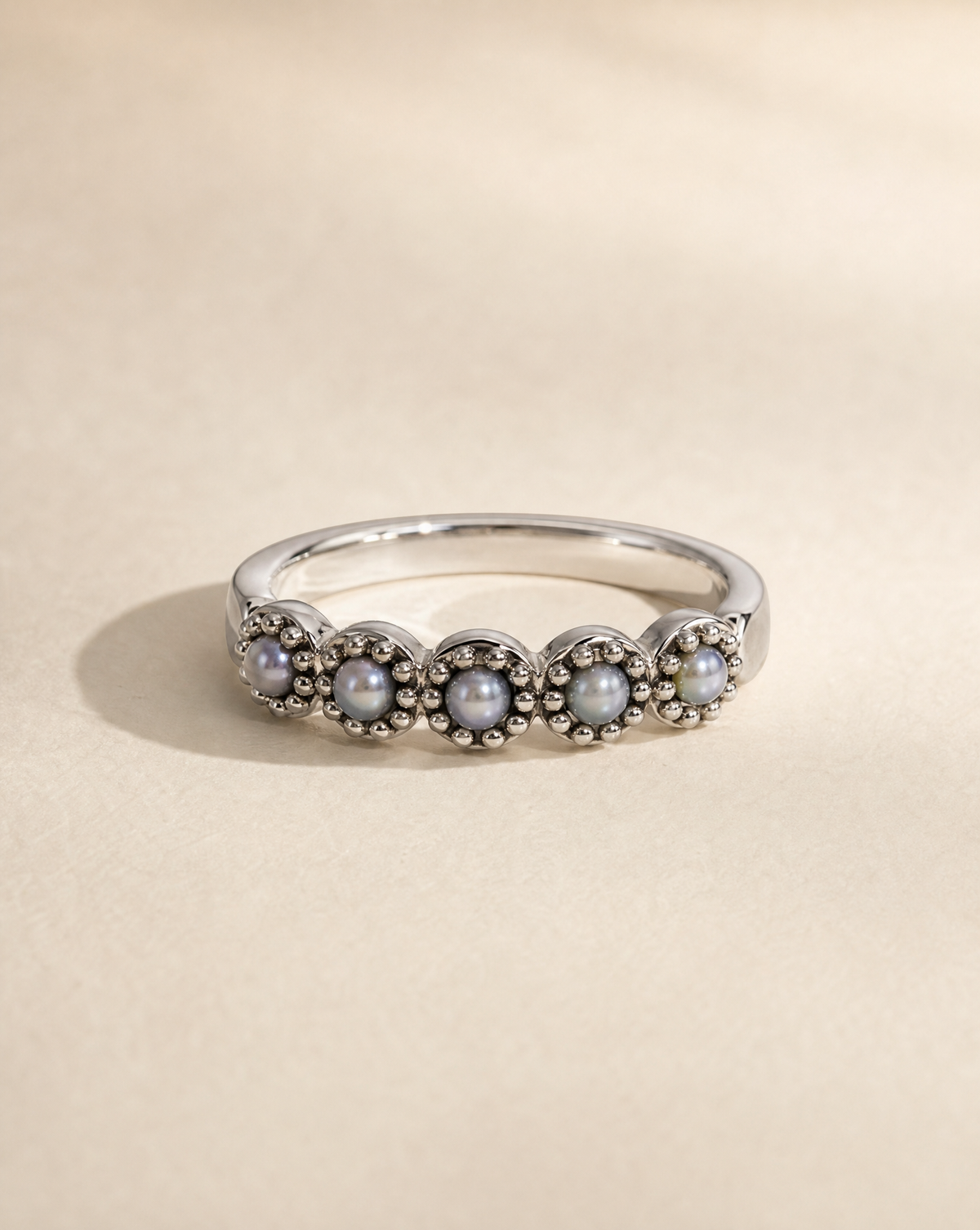 Daisy Chain ring, five seed pearls on a delicate 925 sterling silver band, vintage-inspired pearl stacking ring