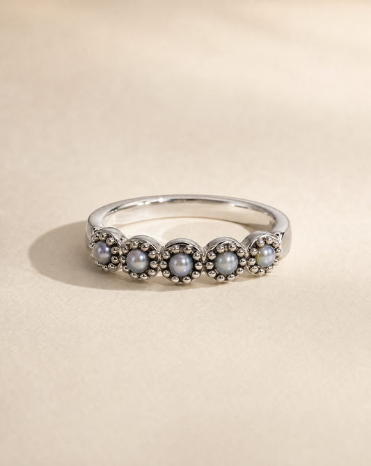 Daisy Chain ring, five seed pearls on a delicate 925 sterling silver band, vintage-inspired pearl stacking ring
