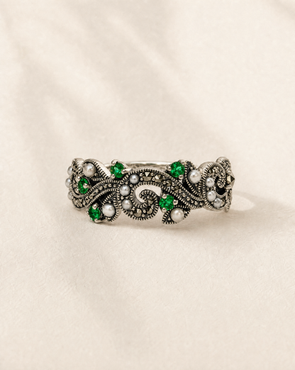 Emerald Sapling ring, emerald and seed pearl swirl ring in ornate 925 sterling silver filigree, Regency-inspired ring