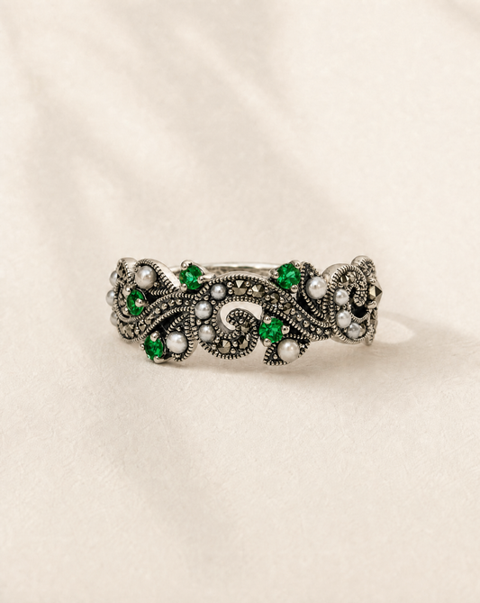 Emerald Sapling ring, emerald and seed pearl swirl ring in ornate 925 sterling silver filigree, Regency-inspired ring
