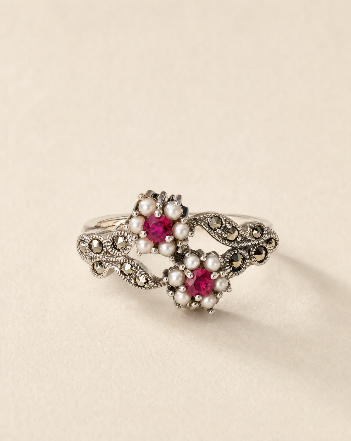 Flowering Ruby Toi-et-Moi ring, two ruby flowers framed by seed pearls in 925 silver filigree with marcasite, antique-style ring