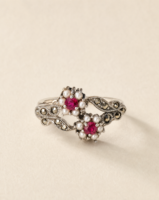 Flowering Ruby Toi-et-Moi ring, two ruby flowers framed by seed pearls in 925 silver filigree with marcasite, antique-style ring
