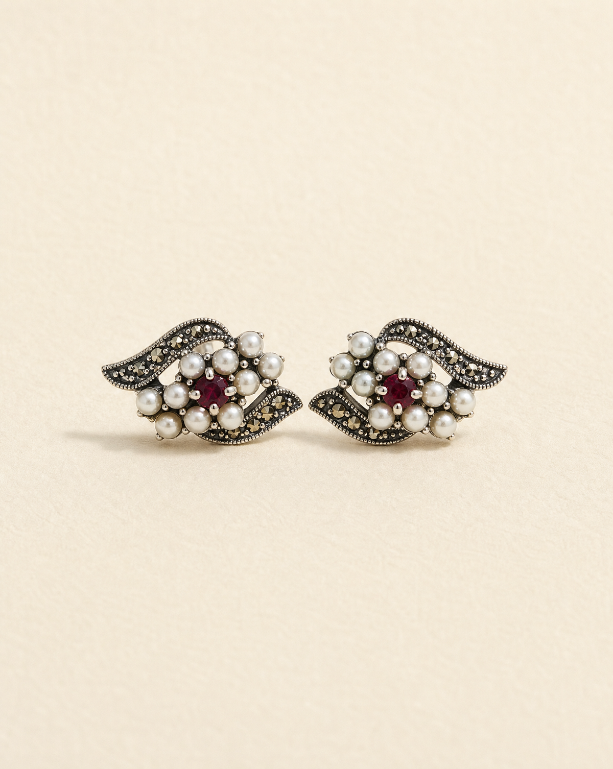 Ruby Flower Studs, ruby and seed pearl flower stud earrings in 925 sterling silver with marcasite, vintage-inspired earrings