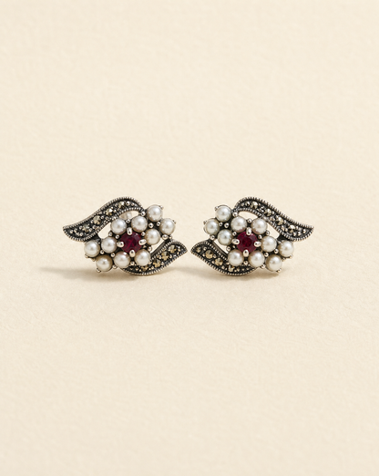 Ruby Flower Studs, ruby and seed pearl flower stud earrings in 925 sterling silver with marcasite, vintage-inspired earrings