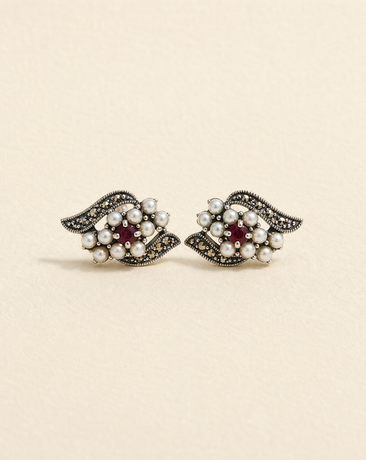 Ruby Flower Studs, ruby and seed pearl flower stud earrings in 925 sterling silver with marcasite, vintage-inspired earrings