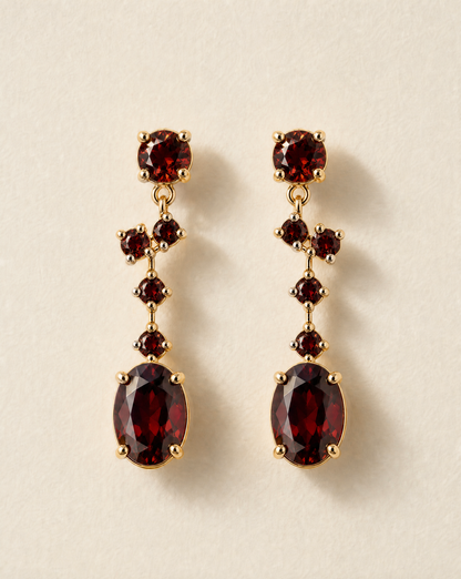 Garnets on the Vine earrings in gold plated 925 silver, Victorian-inspired garnet cluster drop earrings