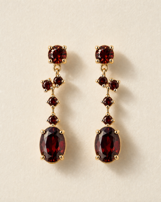 Garnets on the Vine earrings in gold plated 925 silver, Victorian-inspired garnet cluster drop earrings
