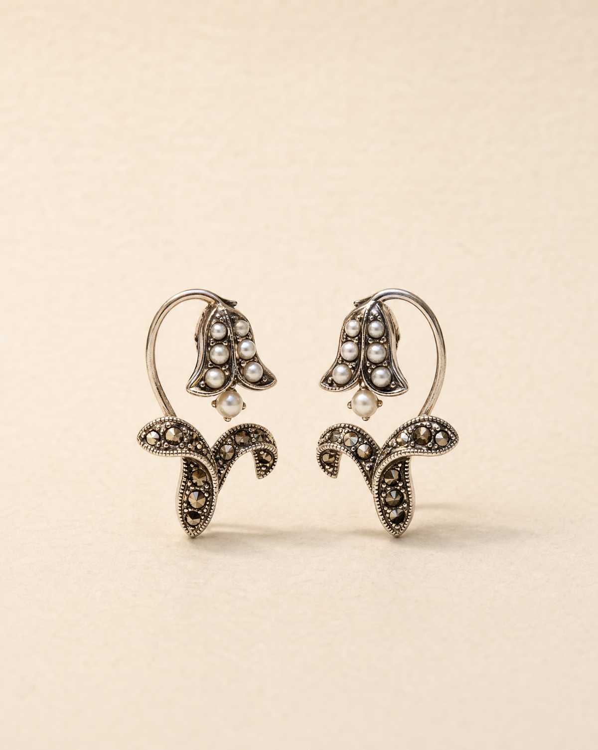 Lily of the Valley earrings, vintage-inspired pearl and 925 sterling silver flower stud earrings with marcasite detail
