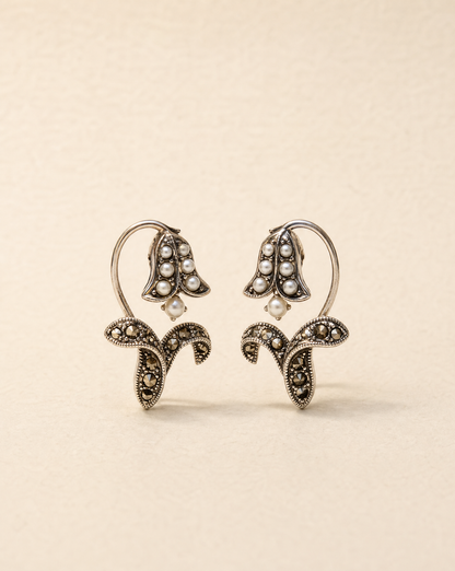 Lily of the Valley earrings, vintage-inspired pearl and 925 sterling silver flower stud earrings with marcasite detail