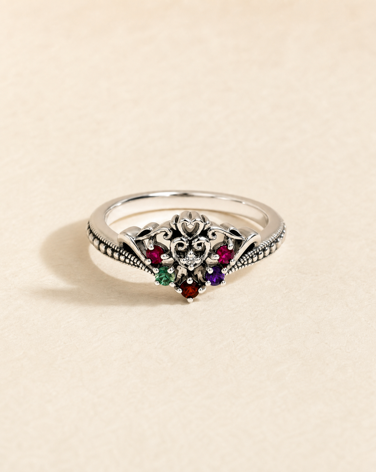 Lover's Knot ring, Victorian-inspired 925 sterling silver ring set with ruby, emerald, garnet and amethyst gemstones
