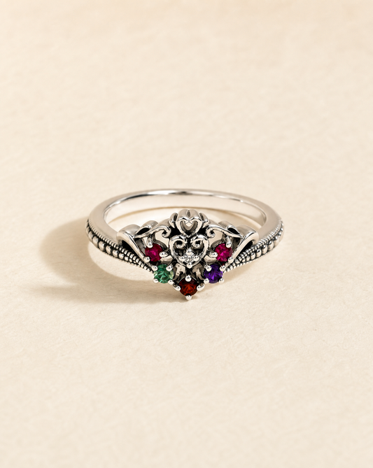 Lover's Knot ring, Victorian-inspired 925 sterling silver ring set with ruby, emerald, garnet and amethyst gemstones