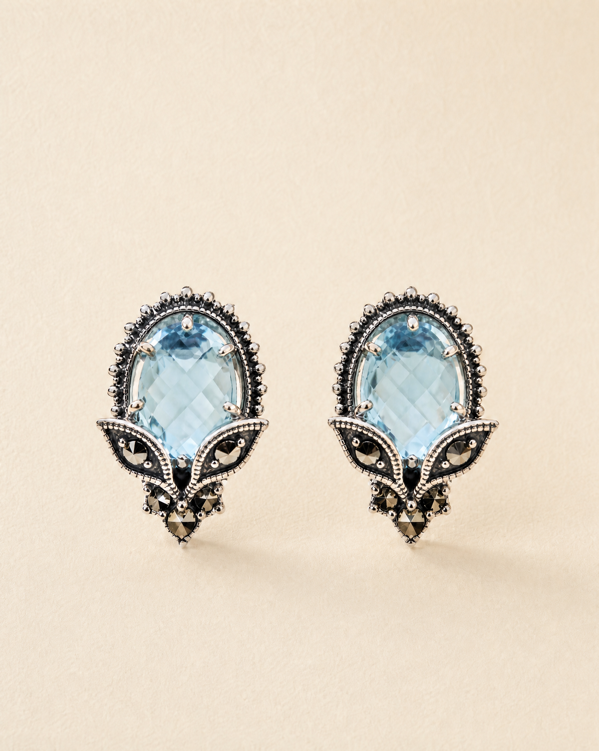 Mirror Studs, blue topaz stud earrings in ornate 925 sterling silver filigree with marcasite, Victorian-inspired earrings