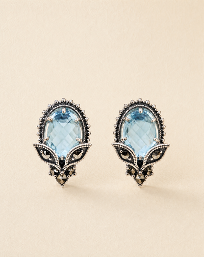 Mirror Studs, blue topaz stud earrings in ornate 925 sterling silver filigree with marcasite, Victorian-inspired earrings