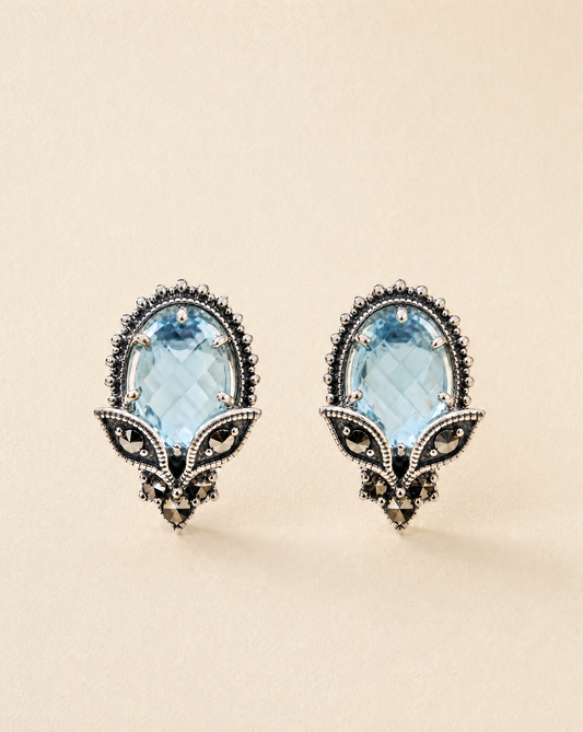 Mirror Studs, blue topaz stud earrings in ornate 925 sterling silver filigree with marcasite, Victorian-inspired earrings