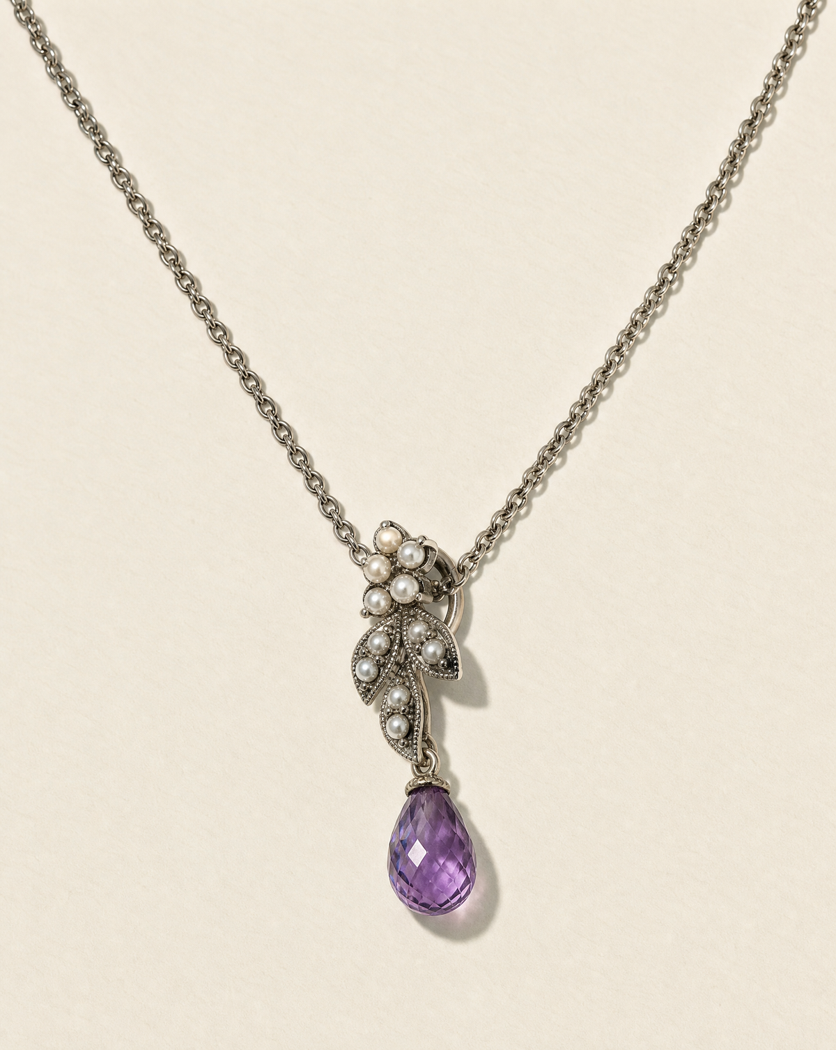 Old Roots pendant, teardrop amethyst and seed pearl botanical necklace in 925 sterling silver, vintage-inspired pendant
