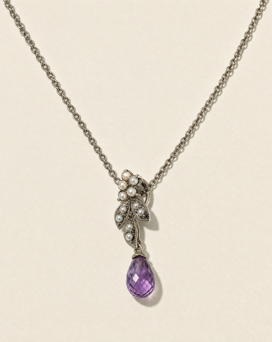 Old Roots pendant, teardrop amethyst and seed pearl botanical necklace in 925 sterling silver, vintage-inspired pendant