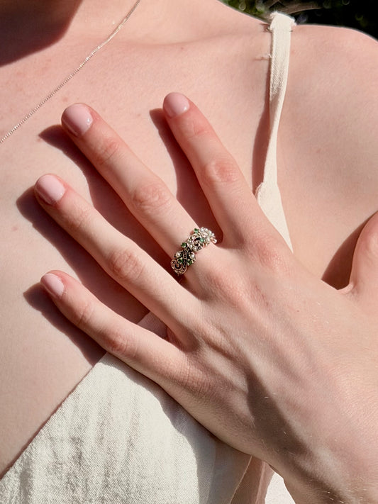 Emerald Sapling Ring - Emerald, Pearl & 925 Silver Ring